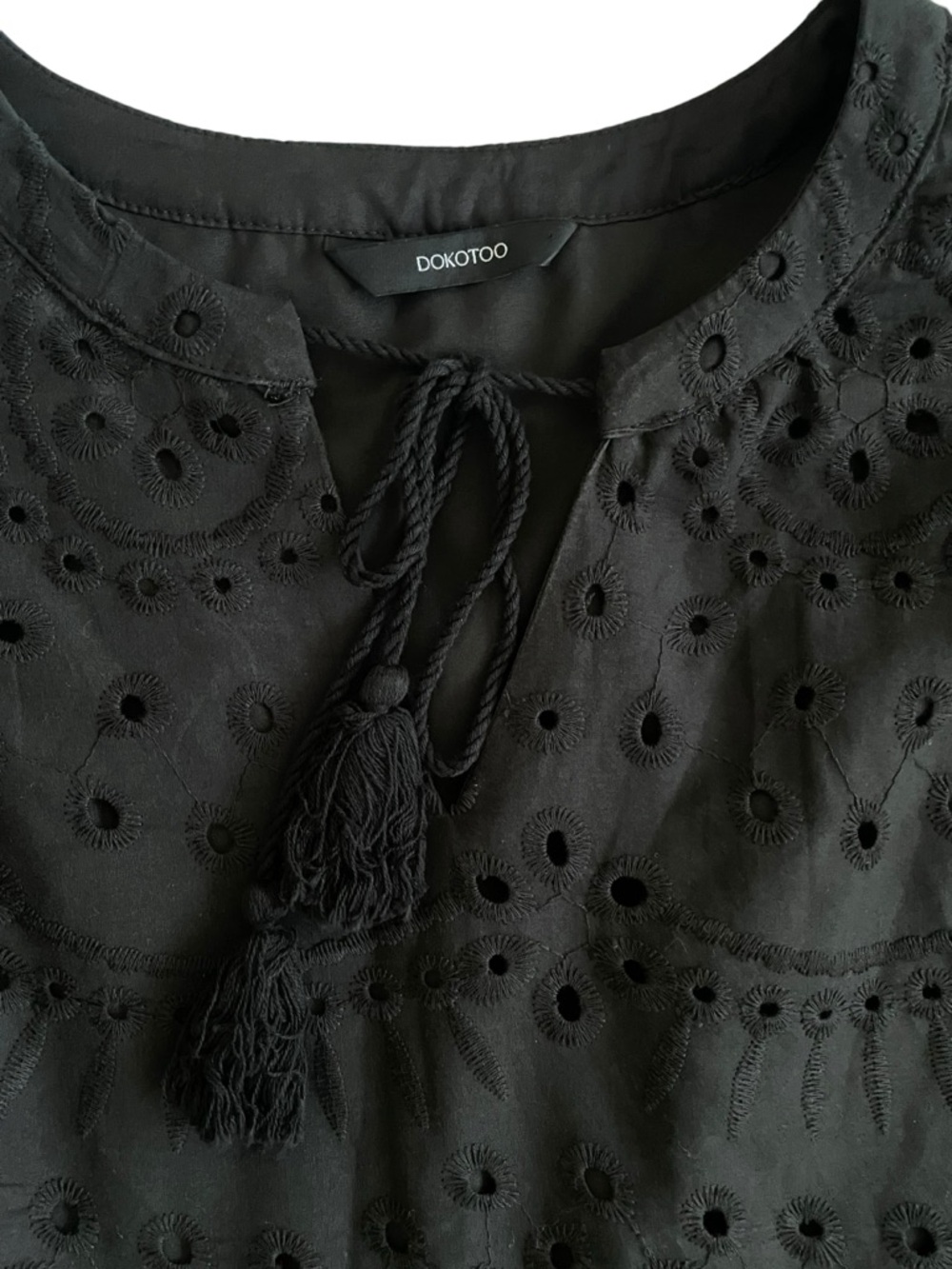 DOKOTOO Woman’s Black Eyelet Tassel Tie Babydoll Dress puff long sleeved lined L - Picture 9 of 13